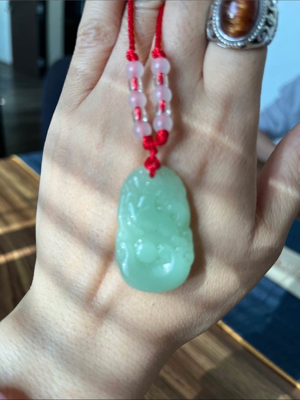 Green Jade Carved Pendant Necklace with Red Cord
